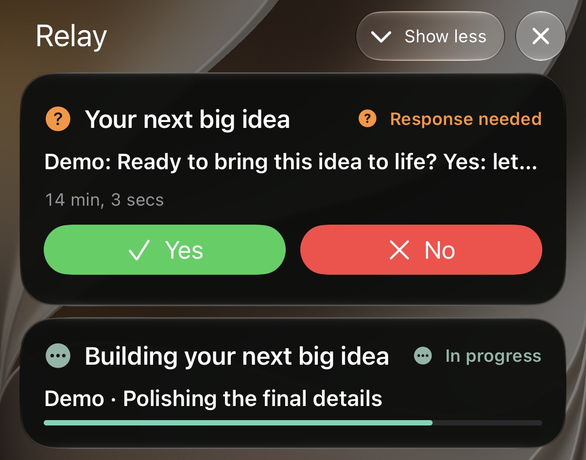 Relay Live Activities showing a request with Yes and No buttons and a task progress bar.